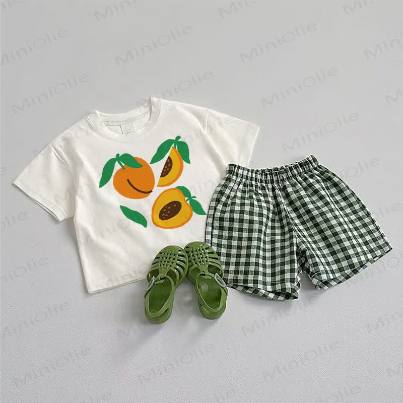 ベビーピーチTシャツとチェック柄ショートパンツのツーピースセット - ホワイト＆グリーン - 3～5歳 - image 1