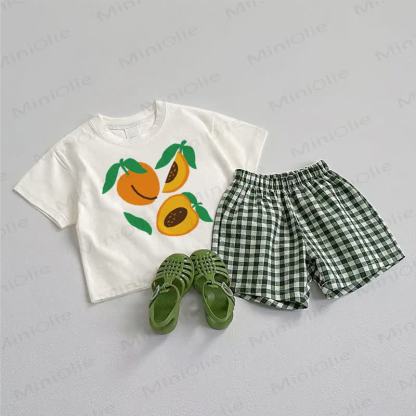 ベビーピーチTシャツとチェック柄ショートパンツのツーピースセット - ホワイト＆グリーン - 3～5歳 - image 1