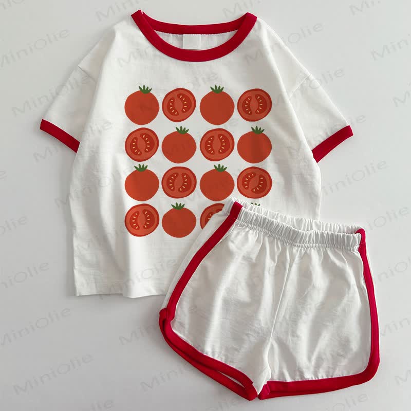 ベビートマト柄Tシャツ＆ショートパンツ 2点セット - 白と赤 - 3～5歳 - image 1