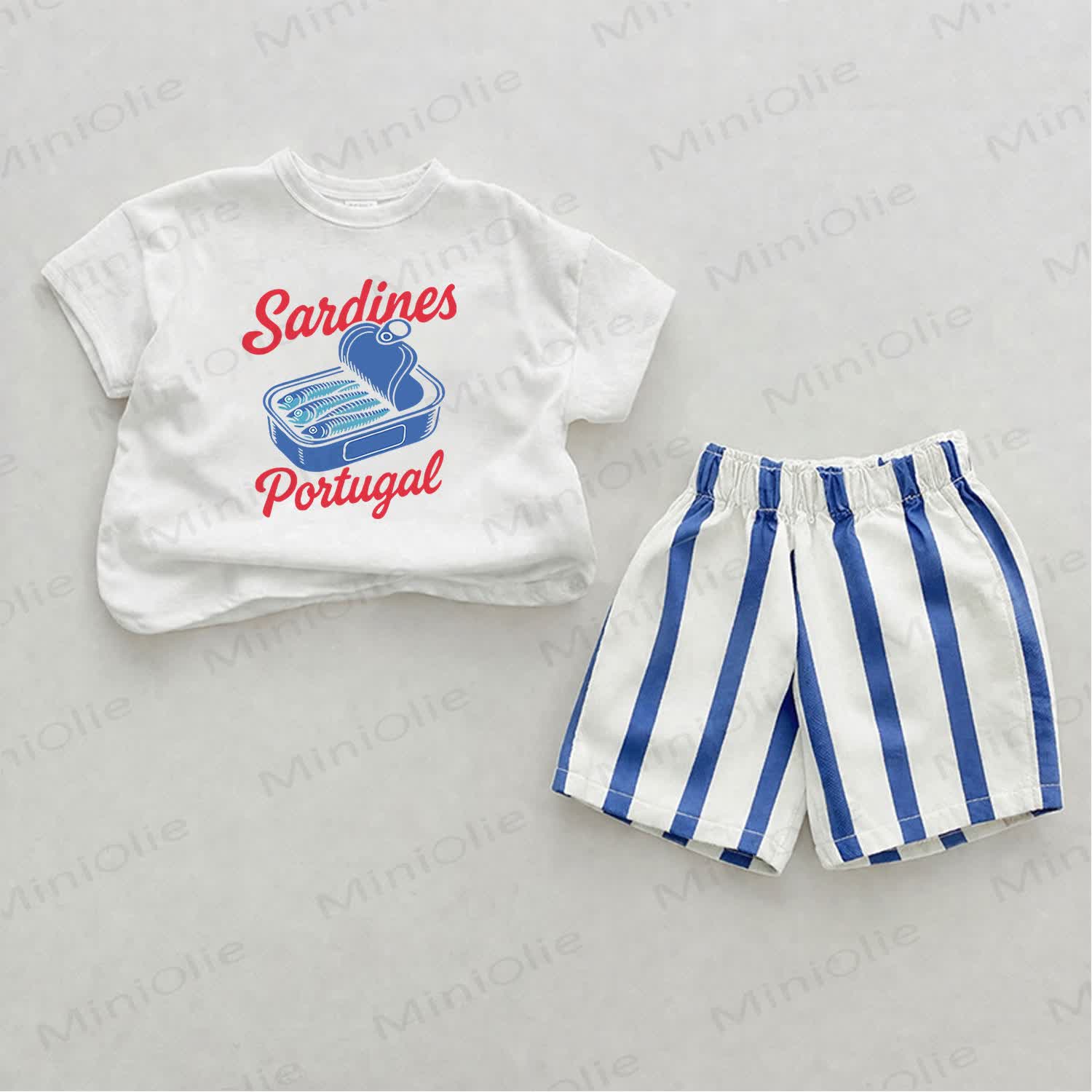 SARDINES PORTUGALベビーブルー スローガン 縦縞 2点セット - ホワイト＆ブルー - 2～3歳 - image 1
