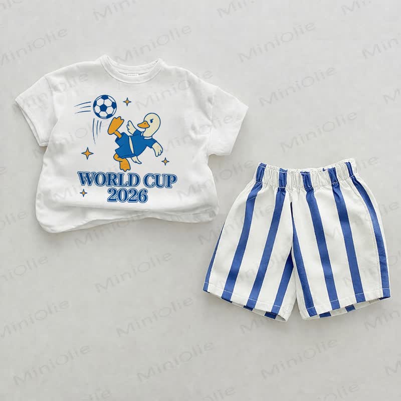 WORLD CUP 2026ベビーブルー ダックプリント 縦ストライプ ツーピースショーツセット - ホワイト＆ブルー - 2～3歳 - image 1