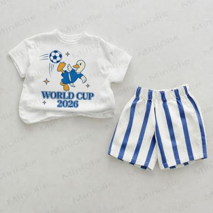 WORLD CUP 2026ベビーブルー ダックプリント 縦ストライプ ツーピースショーツセット - ホワイト＆ブルー - 2～3歳 - image 1