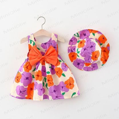 ベビー用蝶結び花柄ドレス（帽子付き） - 紫 - 2～3歳 - image 5