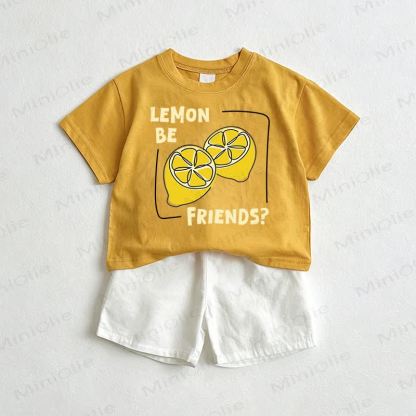 レモンは友達？ベビーTシャツとショートパンツの2点セット - 黄色と白 - 3～5歳 - image 1