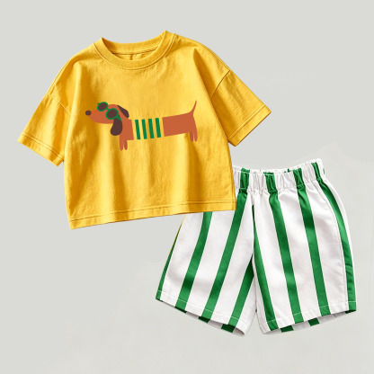 ダックスフンドの赤ちゃん用イエロー＆グリーンのトップスとストライプのショートパンツのツーピースセット - 黄色と緑 - 2～3歳 - image 1
