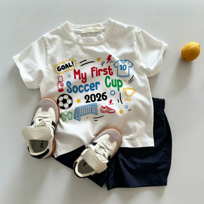 GOAL! MY FIRST SOCCER CUP 2026ベビー幼児用ホワイトTシャツとネイビーショーツの2点セット - ホワイト＆ネイビー - 3～5歳 - image 1