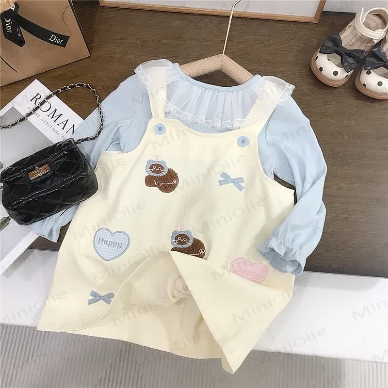 HAPPY幼児用女の子用リボンチェック柄ラブキャットベージュDress＆ブルートップス - image 3