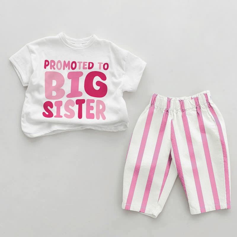BIG SISTERに昇格！女の子用ピンク縦ストライプツーピースセット - ホワイト＆ピンク - 2～3歳 - image 1