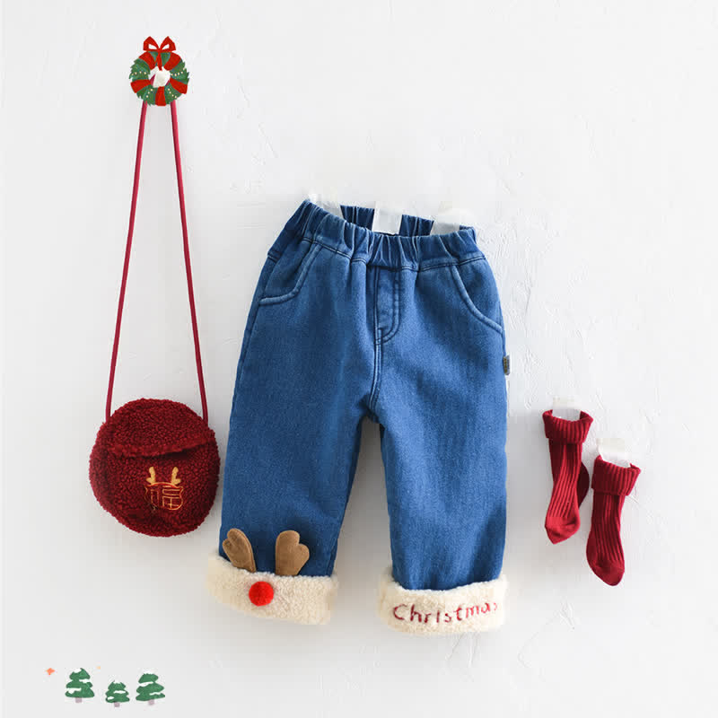 CHRISTMASベビー デニム ディアフリース 裏地パンツ - image 2