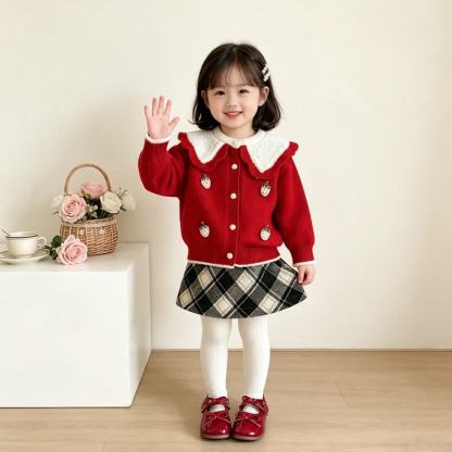 幼児用女の子向けイチゴ柄ニットカーディガン＆スカート2点セット - 赤 - 7～8歳 - image 3