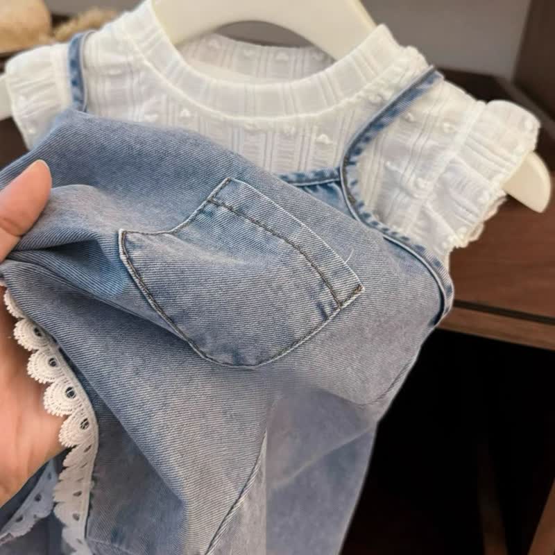 幼児用女の子向けフリル袖TシャツとデニムサスペンダーDressの2点セット - image 4