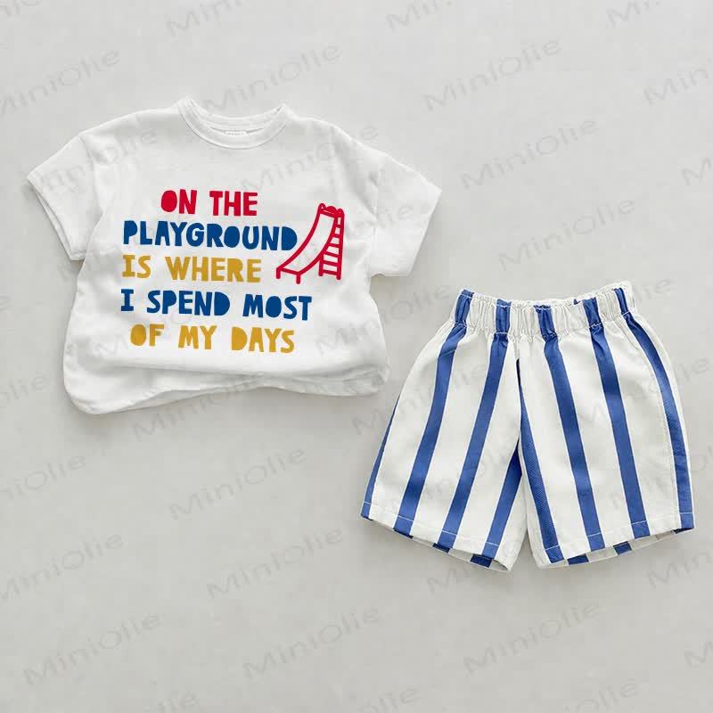 ON THE PLAYGROUND IS WHERE I SPEND MOST OF MY DAYS。ベビースライド ブルー 縦縞 ツーピース ショートパンツセット - ホワイト＆ブルー - 2～3歳 - image 1