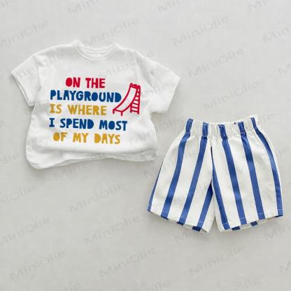 ON THE PLAYGROUND IS WHERE I SPEND MOST OF MY DAYS。ベビースライド ブルー 縦縞 ツーピース ショートパンツセット - ホワイト＆ブルー - 2～3歳 - image 1