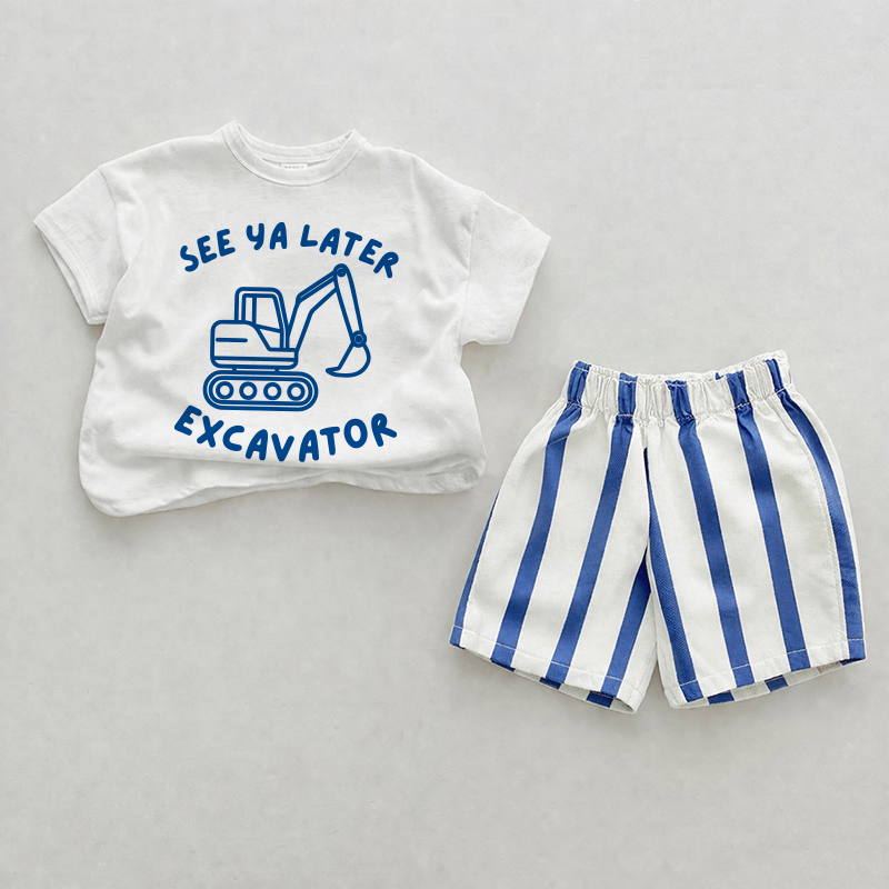 SEE YA LATER EXCAVATORベビーブルー縦ストライプ2ピースショーツセット - ホワイト＆ブルー - 2～3歳 - image 1
