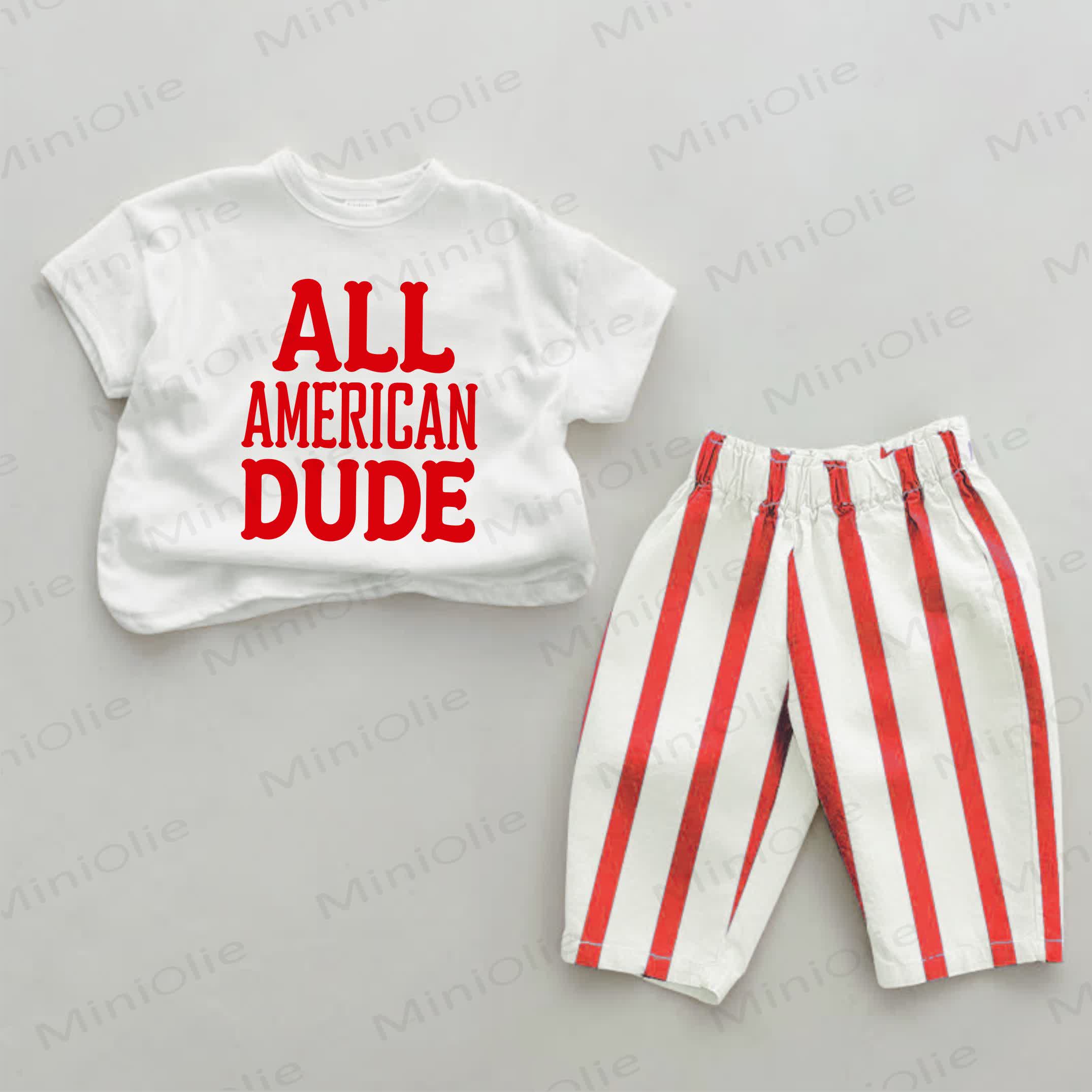 ALL AMERICAN DUDEベビー用スローガンプリント レッドストライプ 2点セット - 白と赤 - 2～3歳 - image 1