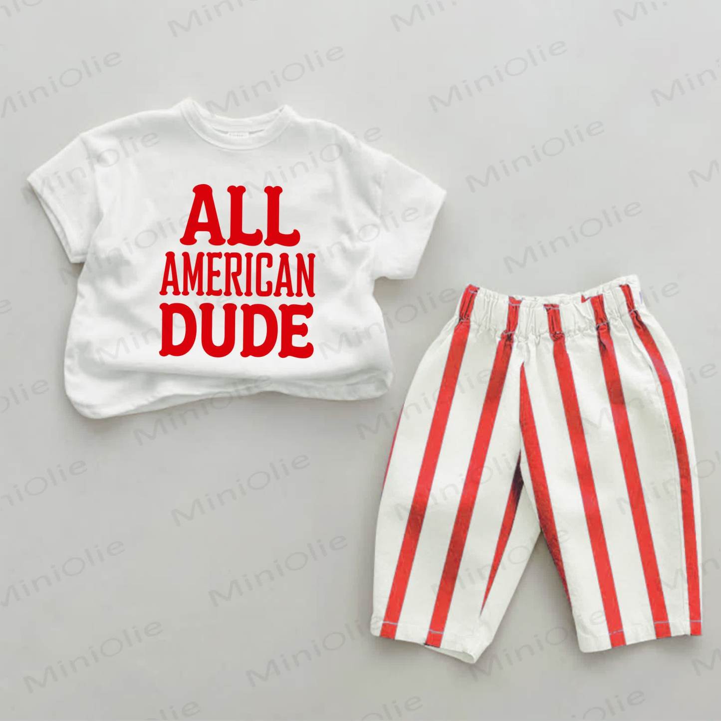 ALL AMERICAN DUDEベビー用スローガンプリント レッドストライプ 2点セット - 白と赤 - 2～3歳 - image 1