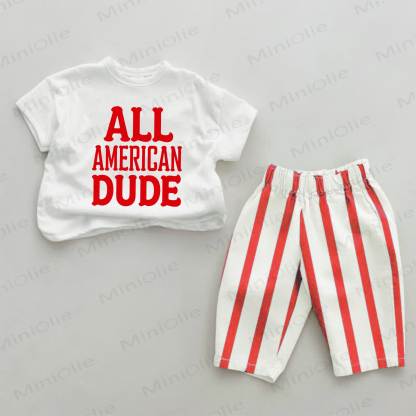 ALL AMERICAN DUDEベビー用スローガンプリント レッドストライプ 2点セット - 白と赤 - 2～3歳 - image 1