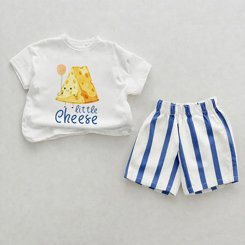 LITTLE CHEESEベビーブルー 縦ストライプ ツーピース ショートパンツセット - ホワイト＆ブルー - 2～3歳 - image 1
