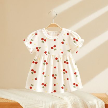 幼児用ベビーガールズプリントパフスリーブサマーDress - ホワイトチェリー - 4～5歳 - image 5