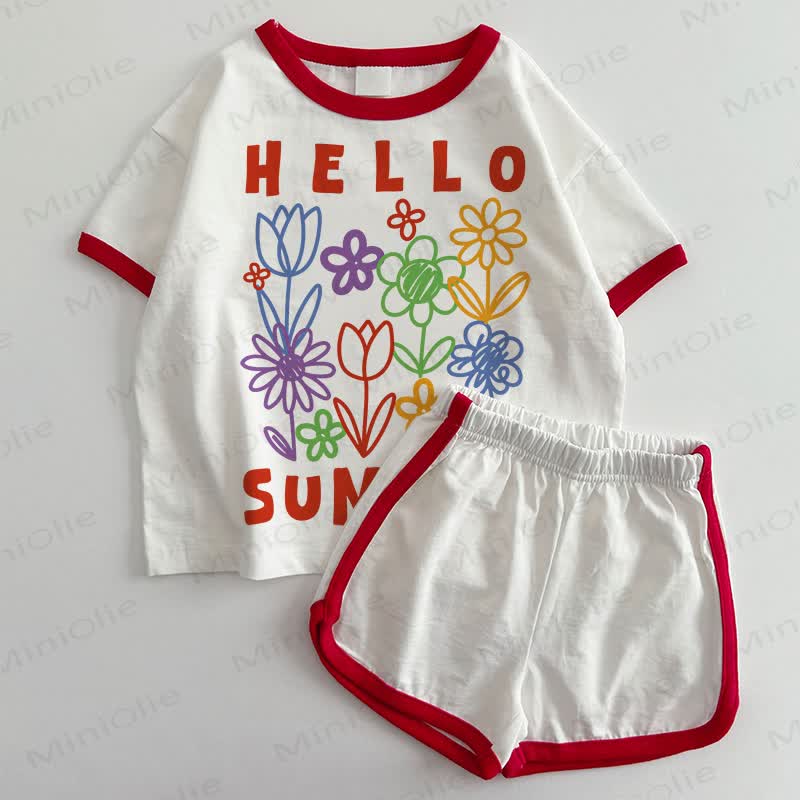  HELLO SUMMERベビーフラワーTシャツ＆ショートパンツ 2点セット - 白と赤 - 3～5歳 - image 1
