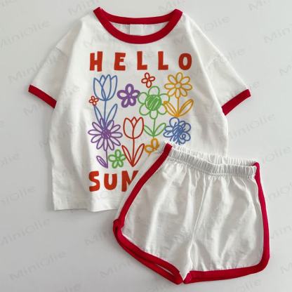  HELLO SUMMERベビーフラワーTシャツ＆ショートパンツ 2点セット - 白と赤 - 3～5歳 - image 1