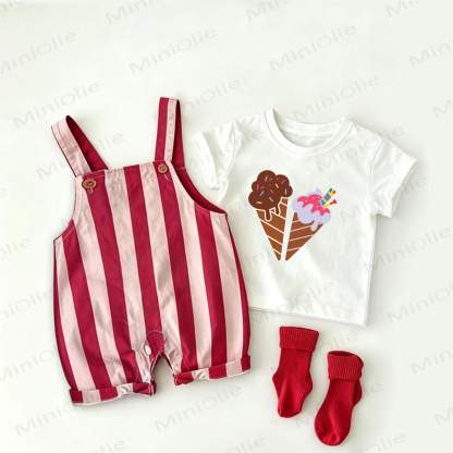 ベビー用アイスクリーム柄の赤ストライプオーバーオールと白Tシャツのツーピースセット - 白と赤 - 2～3歳 - image 1