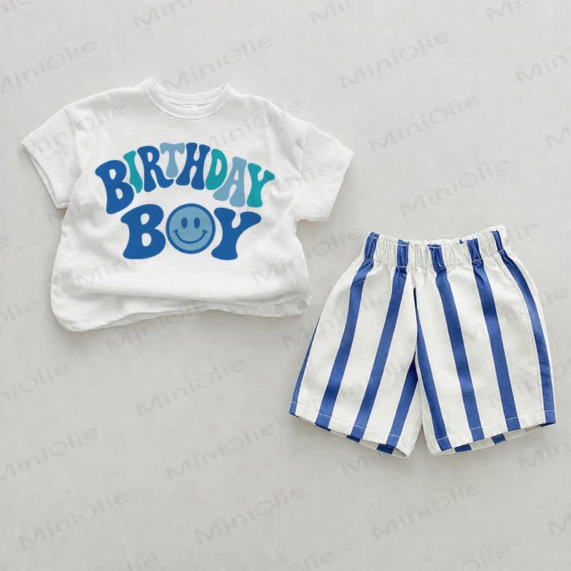 BIRTHDAY BOYベビーブルー 縦ストライプ ツーピース ショートパンツセット - ホワイト＆ブルー - 2～3歳 - image 1