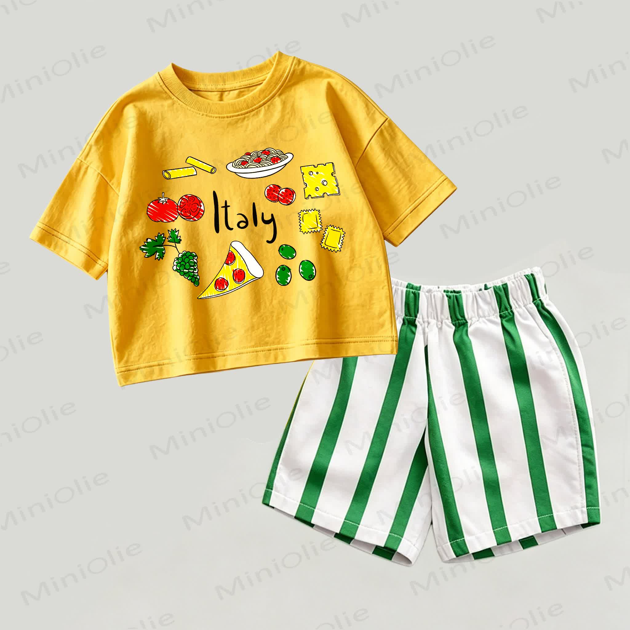 ITALYベビー用 イエロー＆グリーン フード柄トップスとストライプ柄ショートパンツ 2点セット - 黄色と緑 - 2～3歳 - image 1