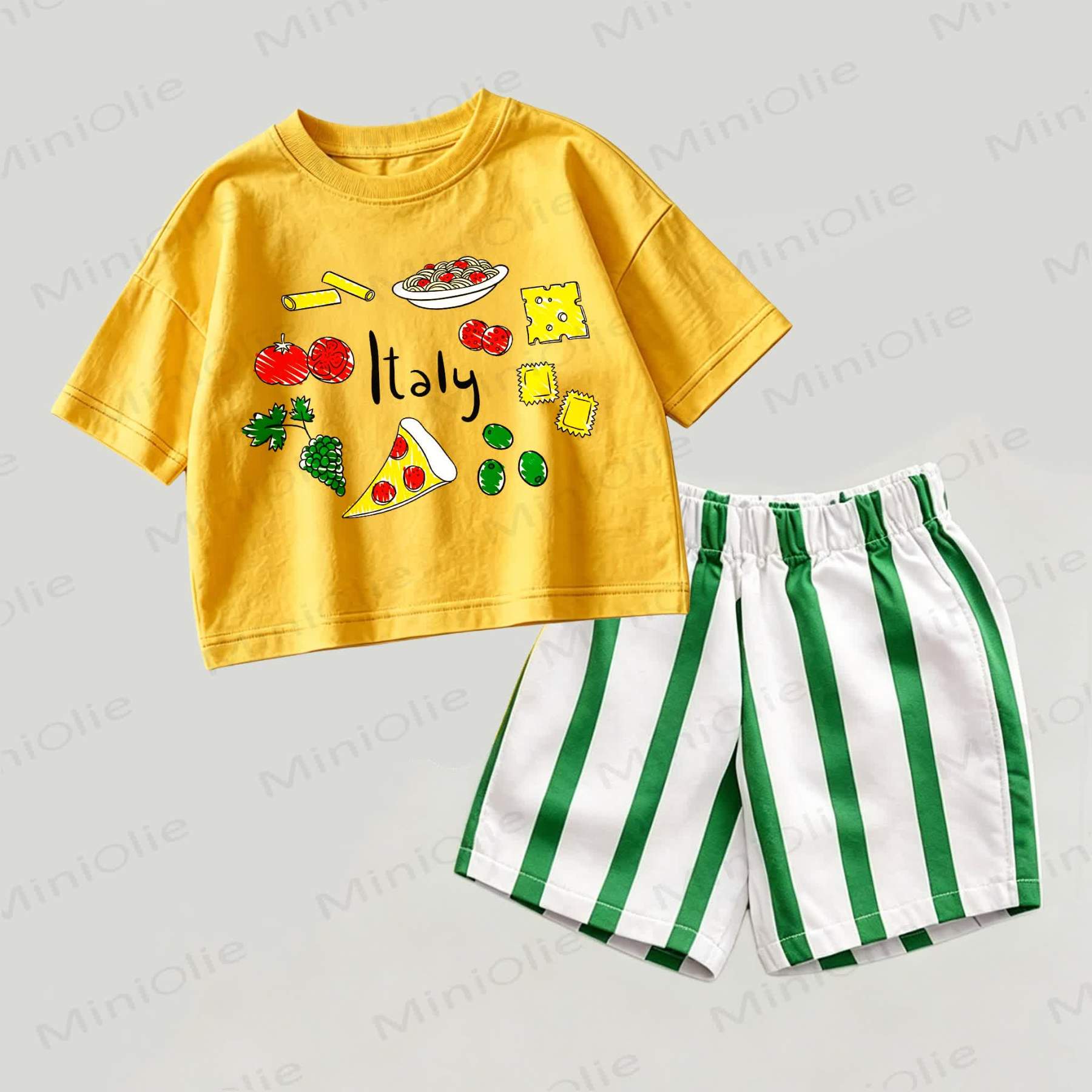ITALYベビー用 イエロー＆グリーン フード柄トップスとストライプ柄ショートパンツ 2点セット - 黄色と緑 - 2～3歳 - image 1