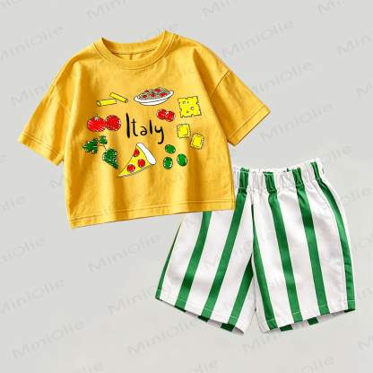 ITALYベビー用 イエロー＆グリーン フード柄トップスとストライプ柄ショートパンツ 2点セット - 黄色と緑 - 2～3歳 - image 1