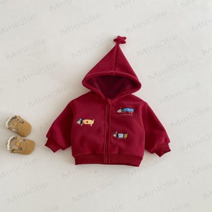 ベビー 幼児 男の子 刺繍 フード付き スター フリース アウターウェア - 赤 - 5～7歳 - image 5