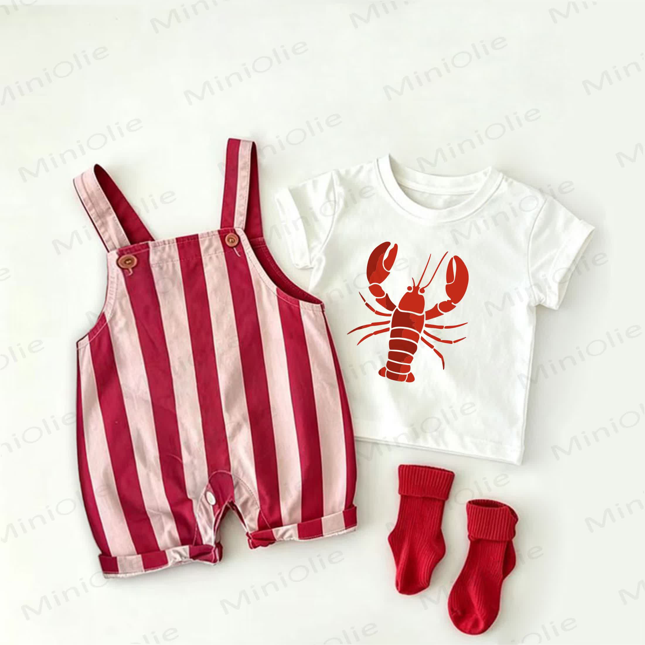 ベビーロブスター柄の赤ストライプオーバーオールと白Tシャツのツーピースセット - 白と赤 - 2～3歳 - image 1