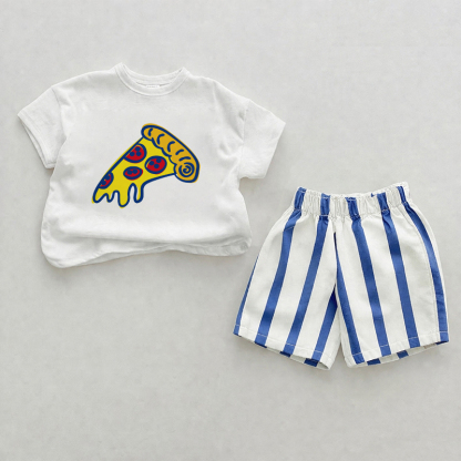 ベビーピザブルーの縦ストライプ柄ショートパンツ2点セット - ホワイト＆ブルー - 2～3歳 - image 1