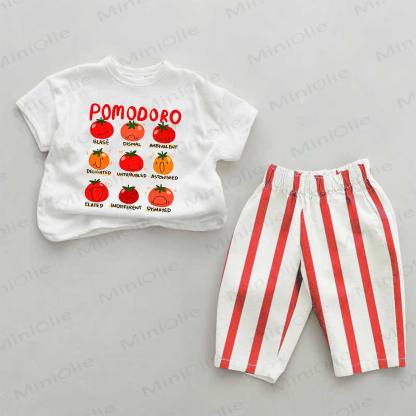 POMODOROベビートマト柄 レッドストライプ 2点セット - 白と赤 - 2～3歳 - image 1