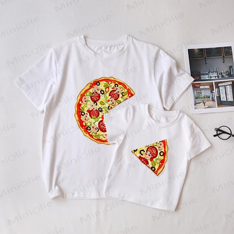 ホワイトファミリーピザ柄お揃いTシャツ - 白 - 大人用Tシャツ: XL - image 1