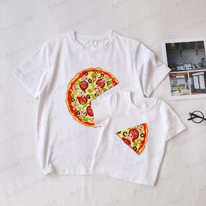 ホワイトファミリーピザ柄お揃いTシャツ - 白 - 大人用Tシャツ: XL - image 1