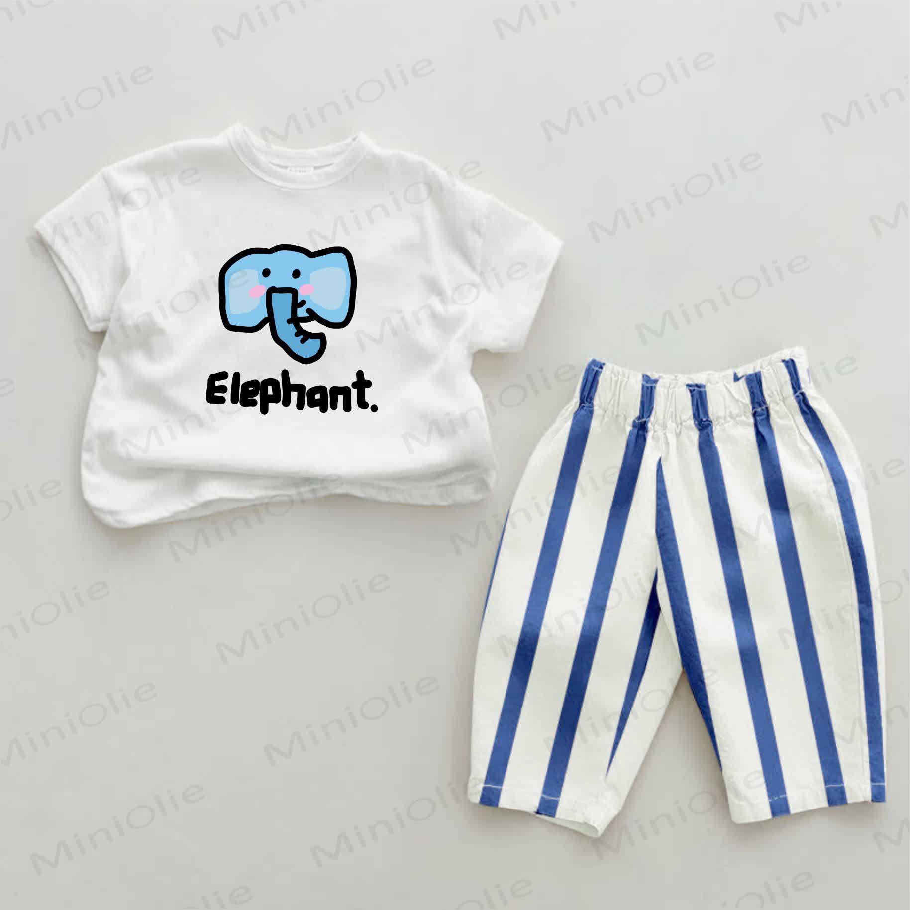 ELEPHANT柄 ベビーゾウプリント ブルー 縦縞 2点セット - ホワイト＆ブルー - 2～3歳 - image 1