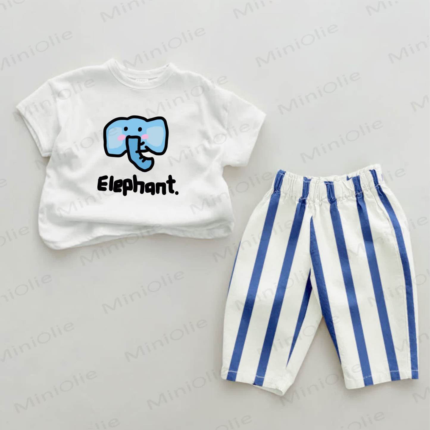 ELEPHANT柄 ベビーゾウプリント ブルー 縦縞 2点セット - ホワイト＆ブルー - 2～3歳 - image 1