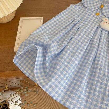 幼児用女の子用ブルーギンガムうさぎ柄ノースリーブDress - image 4