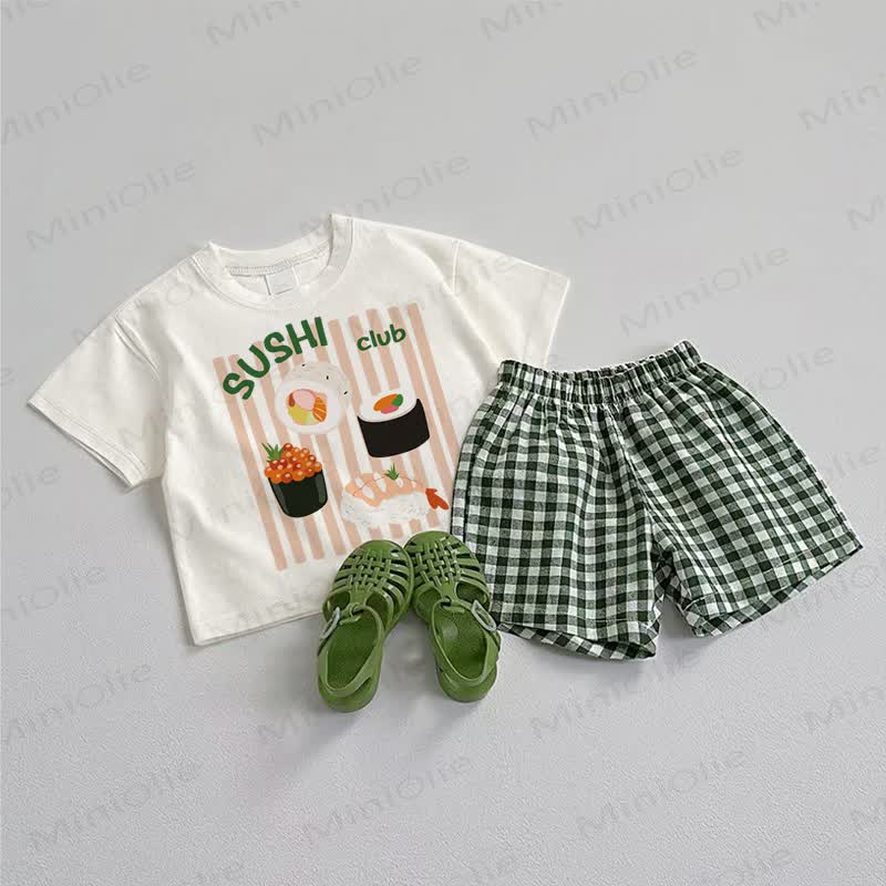SUSHI CLUBベビーTシャツ＆チェック柄ショートパンツ 2点セット - ホワイト＆グリーン - 3～5歳 - image 1