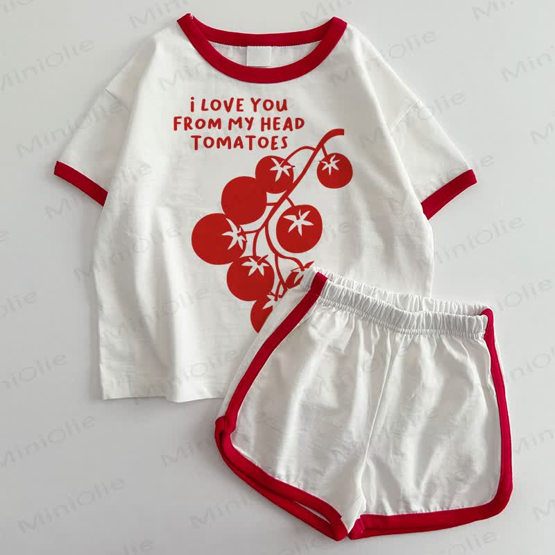 「I LOVE YOU FROM MY HEAD TOMATOES」ベビーTシャツ＆ショートパンツ2点セット - 白と赤 - 3～5歳 - image 1