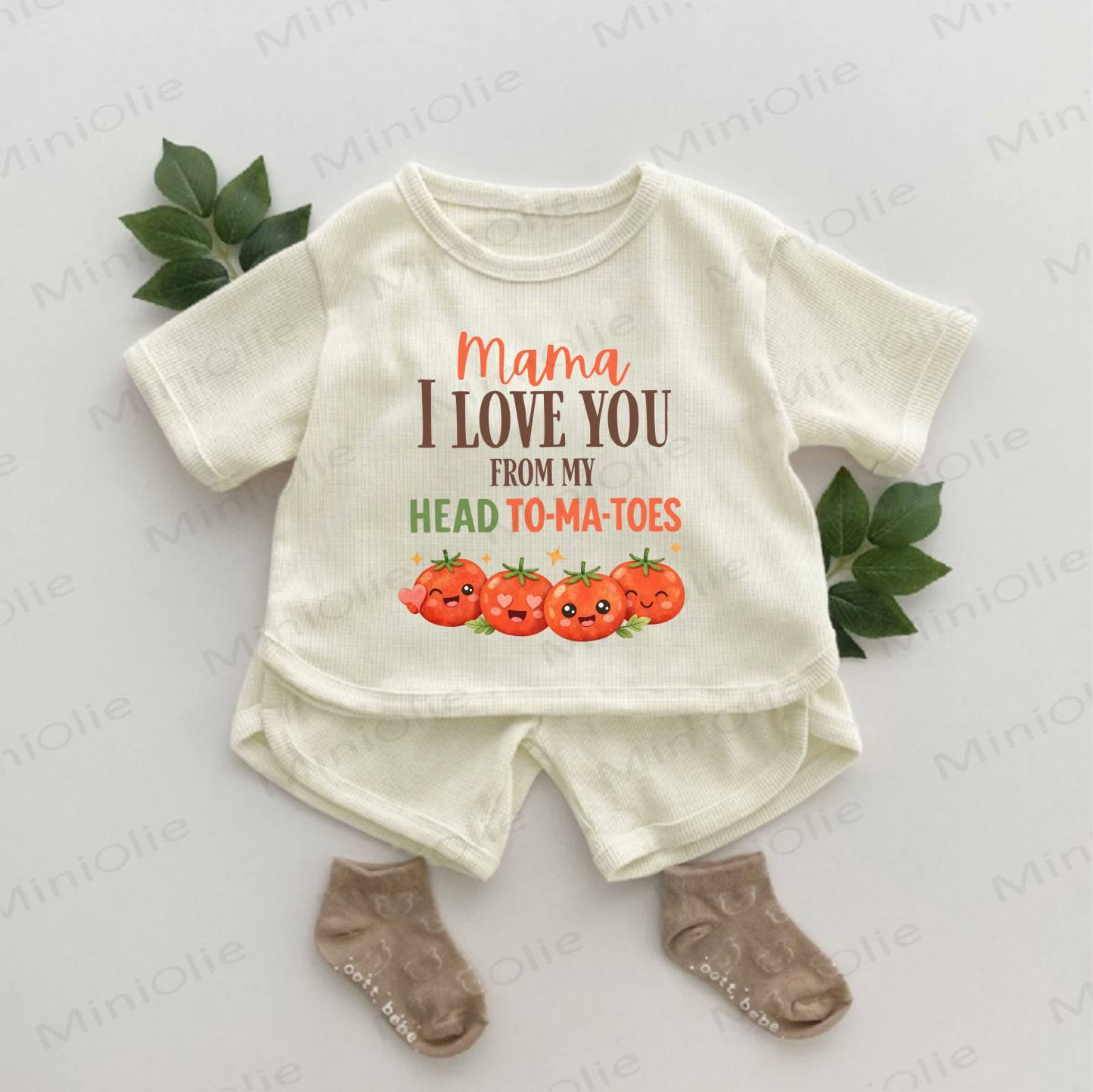 MAMA I LOVE YOU FROM MY HEAD！ベビートマト柄ワッフル2点セット - アプリコット - 2～3歳 - image 1