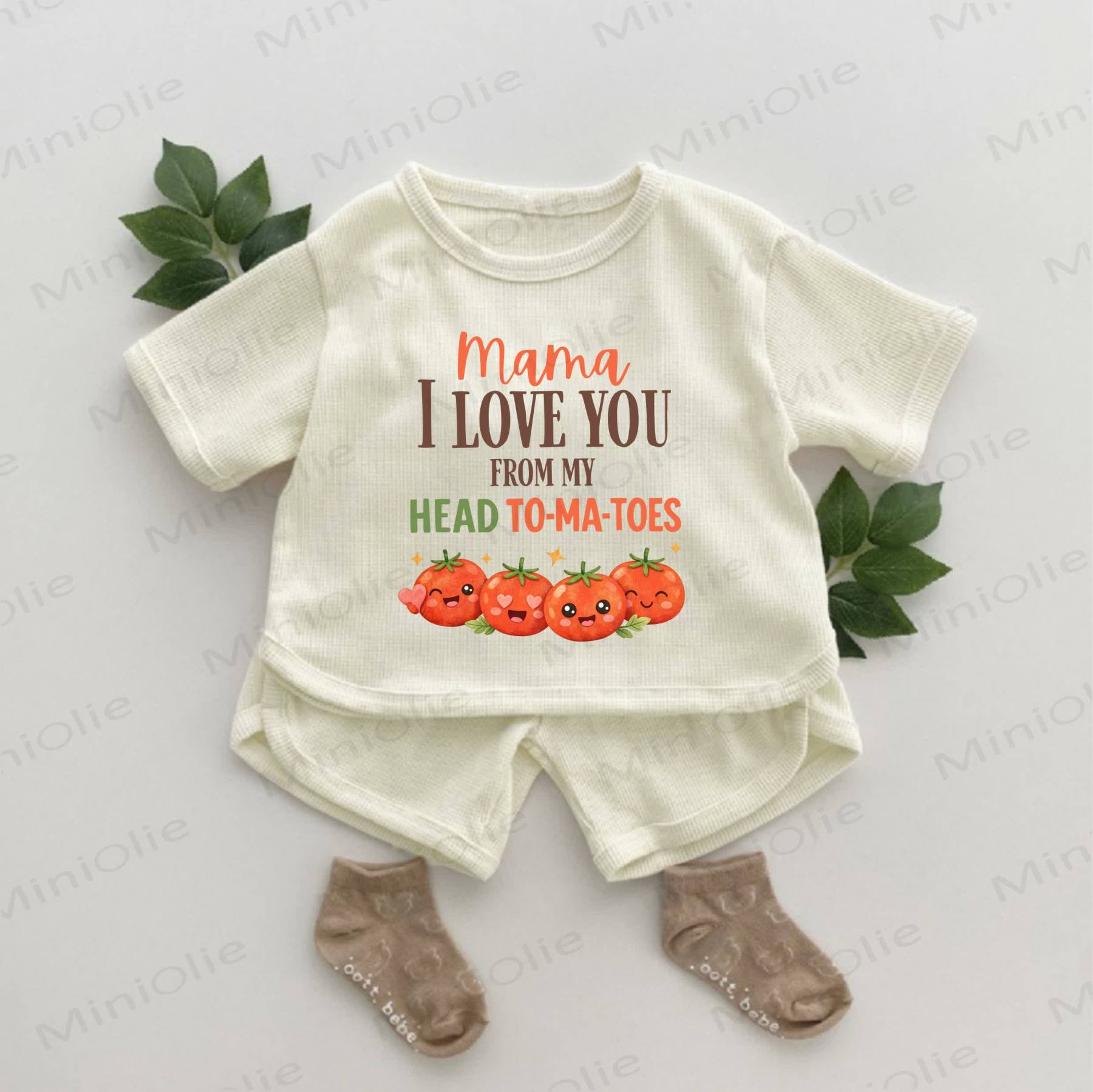 MAMA I LOVE YOU FROM MY HEAD！ベビートマト柄ワッフル2点セット - アプリコット - 2～3歳 - image 1