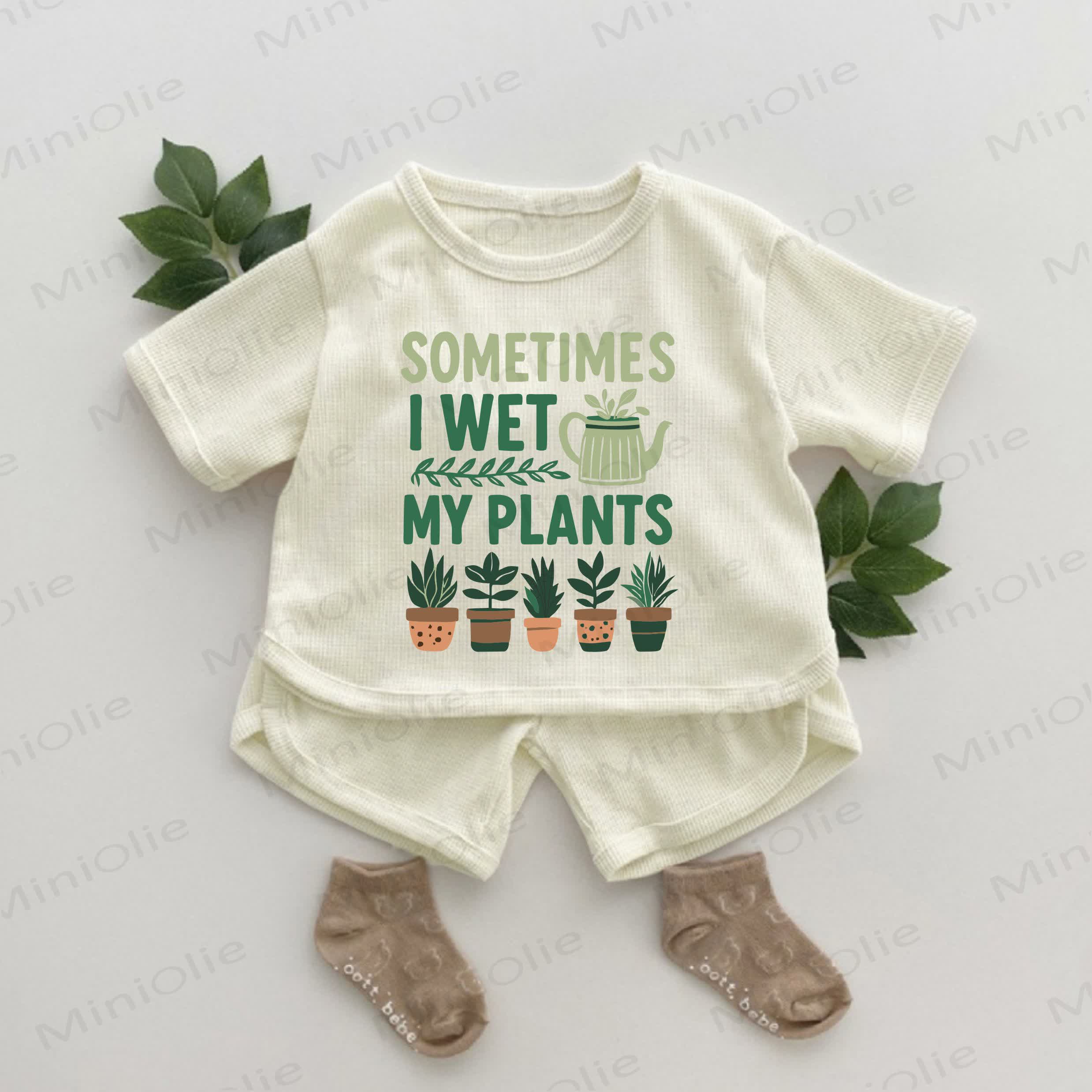 時々、植物に水をあげます ベビー植物柄ワッフル 2点セット - アプリコット - 2～3歳 - image 1