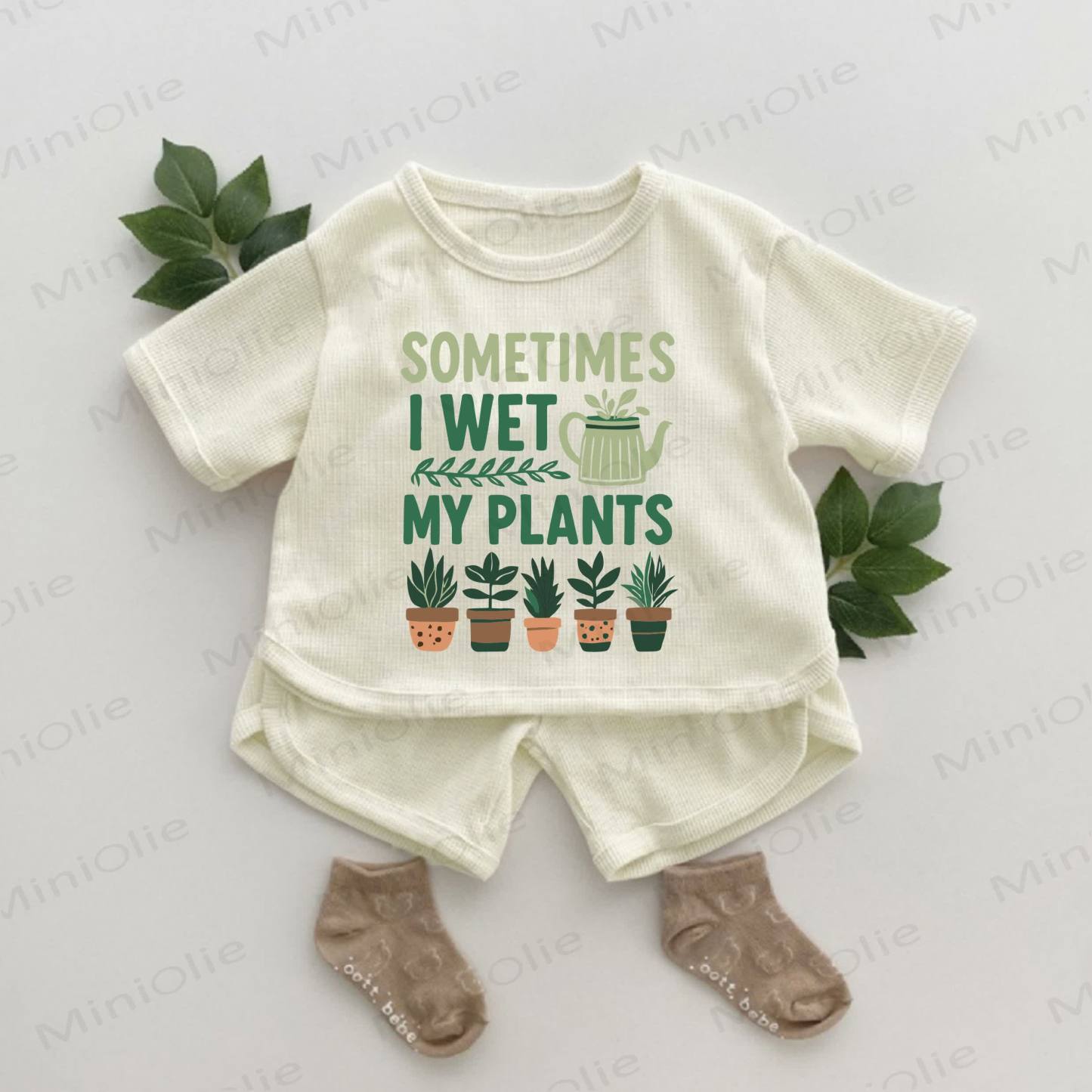 時々、植物に水をあげます ベビー植物柄ワッフル 2点セット - アプリコット - 2～3歳 - image 1