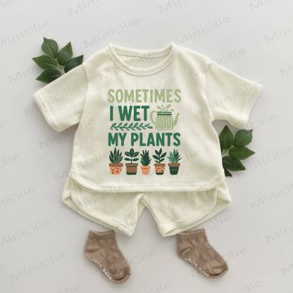 時々、植物に水をあげます ベビー植物柄ワッフル 2点セット - アプリコット - 2～3歳 - image 1