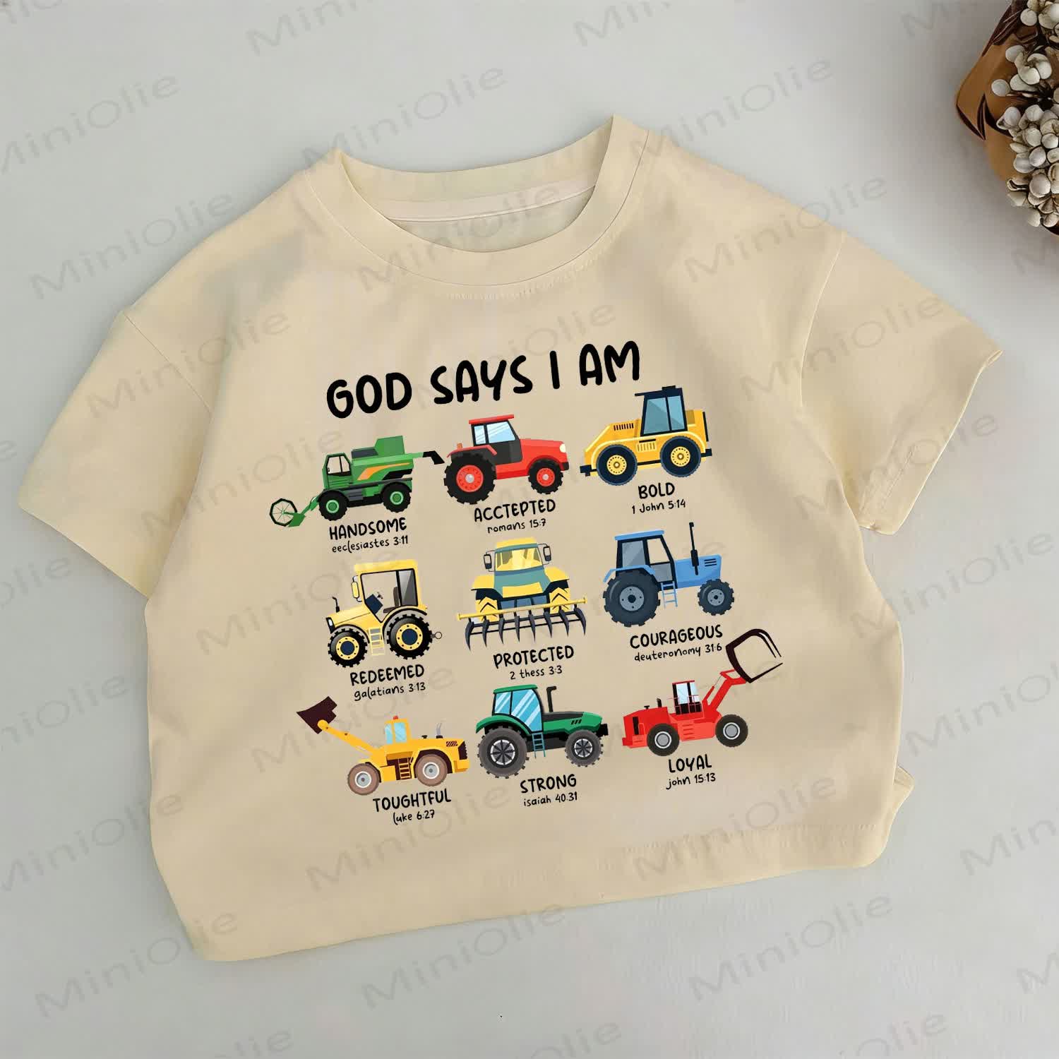 GOD SAYS I AM幼児用ショベルカー柄カーキTシャツ - カーキ - 6～7歳 - image 1