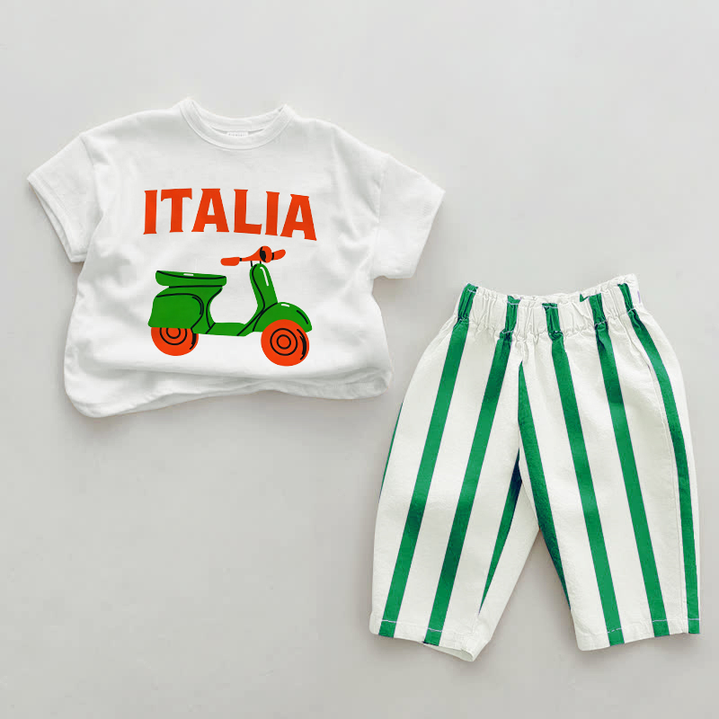 ITALIAベビーグリーン バイク柄 縦ストライプ 2点セット - ホワイト＆グリーン - 2～3歳 - image 1