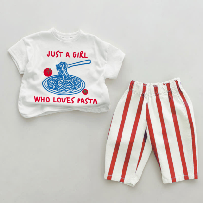 JUST A GIRL WHO LOVES PASTA女の子 ベビートマトレッド縦ストライプ2点セット - 白と赤 - 2～3歳 - image 1