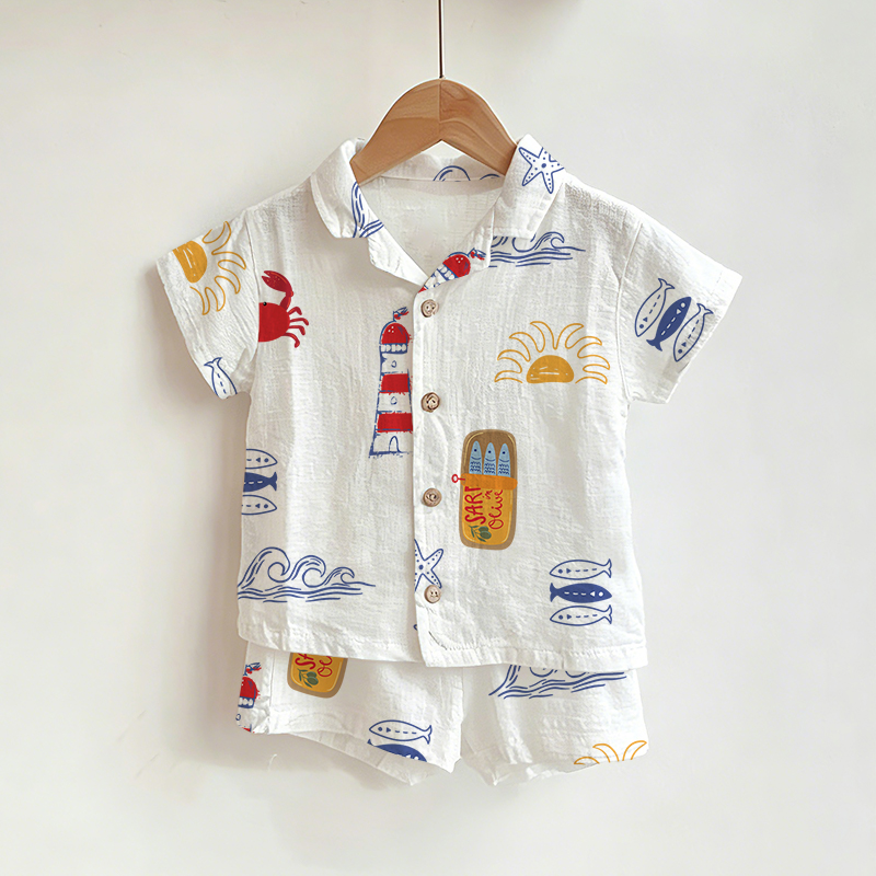 ベビー・幼児用 ホワイトオーシャン柄シャツ＆ショーツ 2点セット - 白 - 3～5歳 - image 1